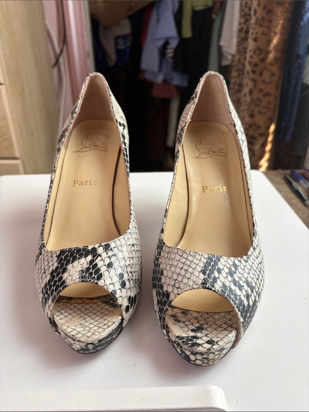 Christian Louboutin Snake-Print Peep-Toe Pumps in Black and White